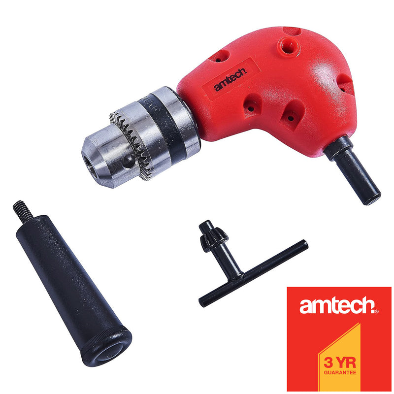 Amtech 3/8" Right Angle Drill Attachment | 90° Corner Adapter Accessory with Chuck Key and Side Handle