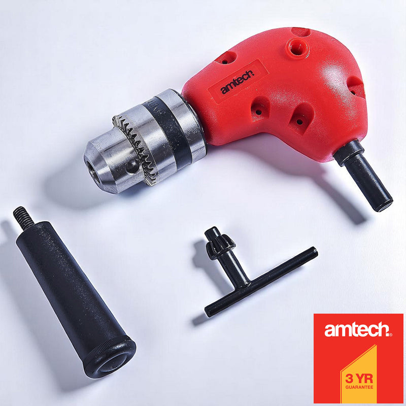 Amtech 3/8" Right Angle Drill Attachment | 90° Corner Adapter Accessory with Chuck Key and Side Handle
