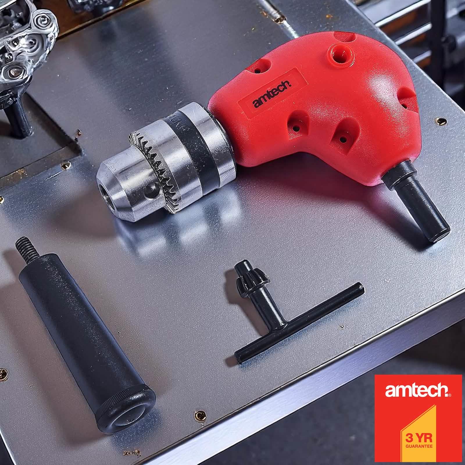 Amtech 3/8" Right Angle Drill Attachment | 90° Corner Adapter Accessory with Chuck Key and Side Handle