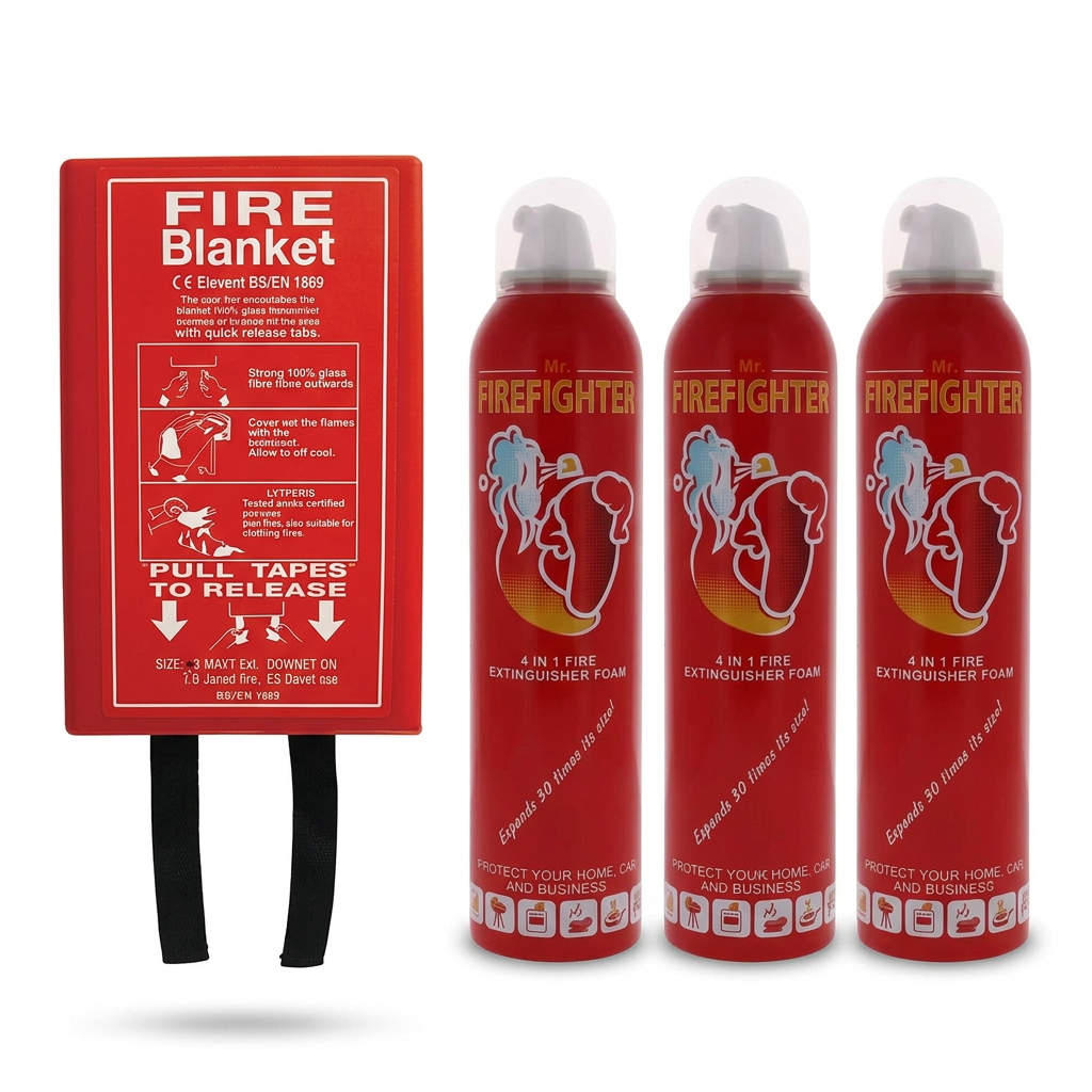 Fire safety kit with fire blanket and three foam extinguishers