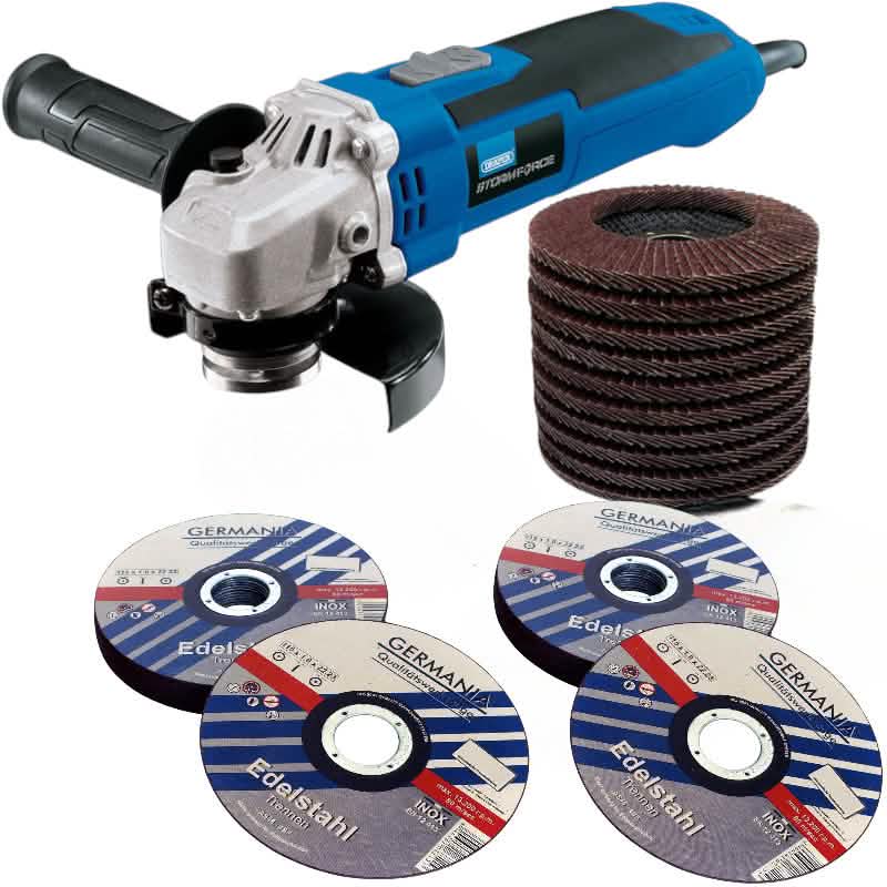 Electric Angle Grinder 650W 115mm +30 Cutting Grinding & Flap Discs Draper 56457
