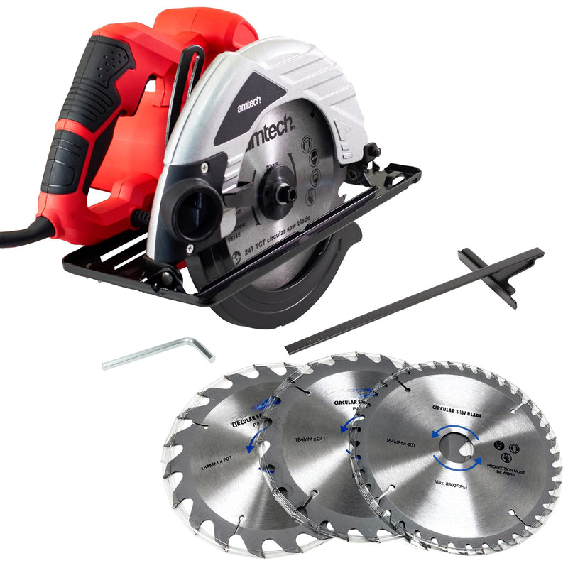 Circular Saw 1400W 230V Electric Wood Cutting Power Tool + 4 x 185mm TCT Blades