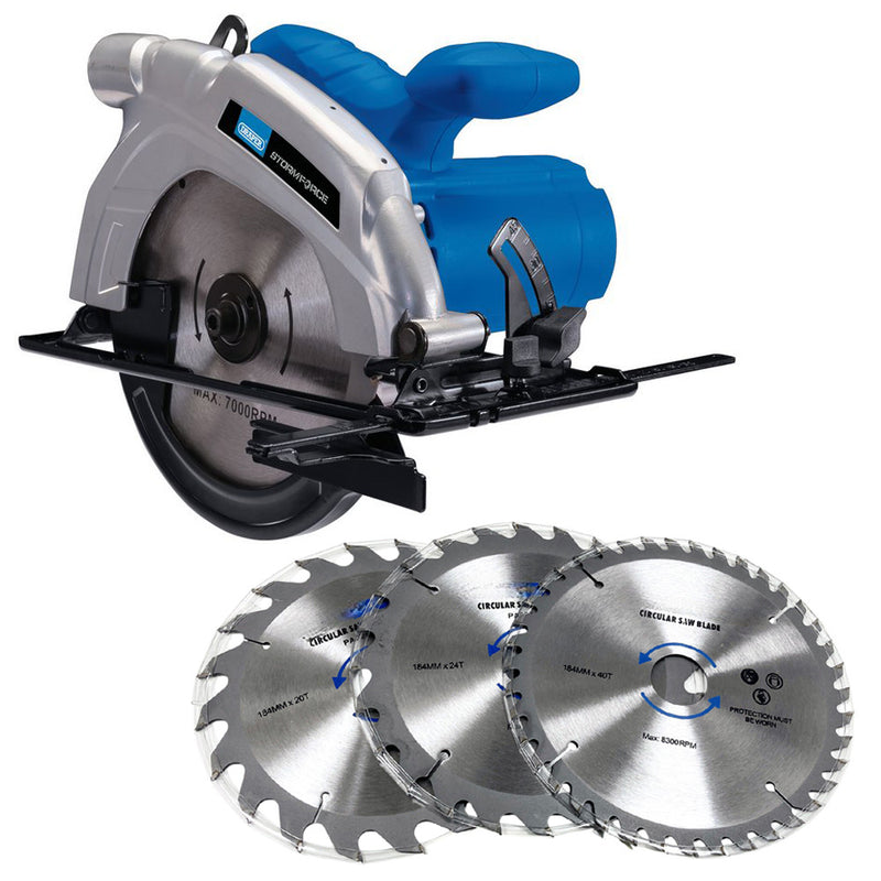Draper 1200W Electric Circular Saw Power Tool & 4pc 185mm TCT Blades
