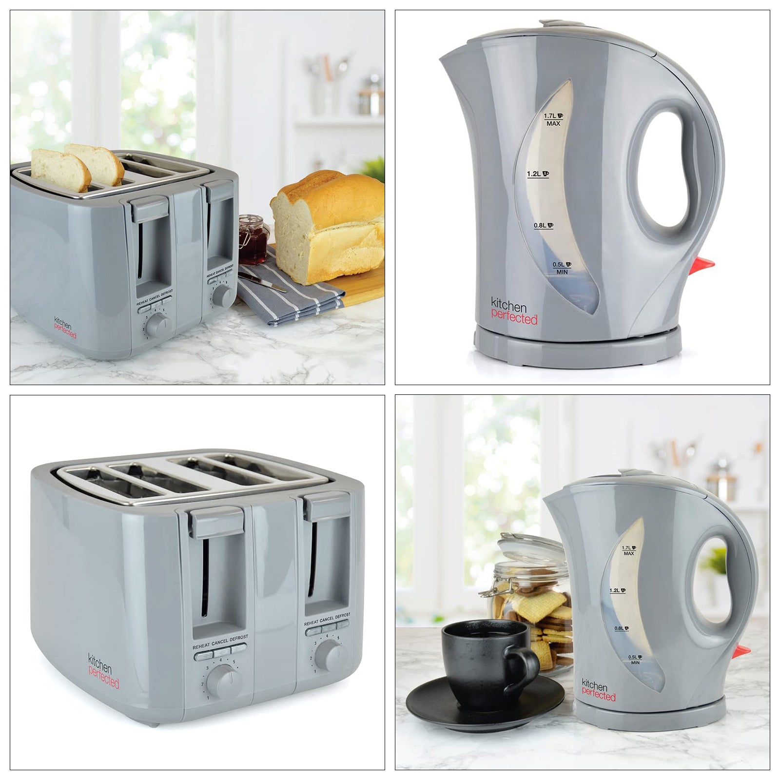 Grey Cordless 1.7L Electric Kettle & 4 Slice Toaster Set