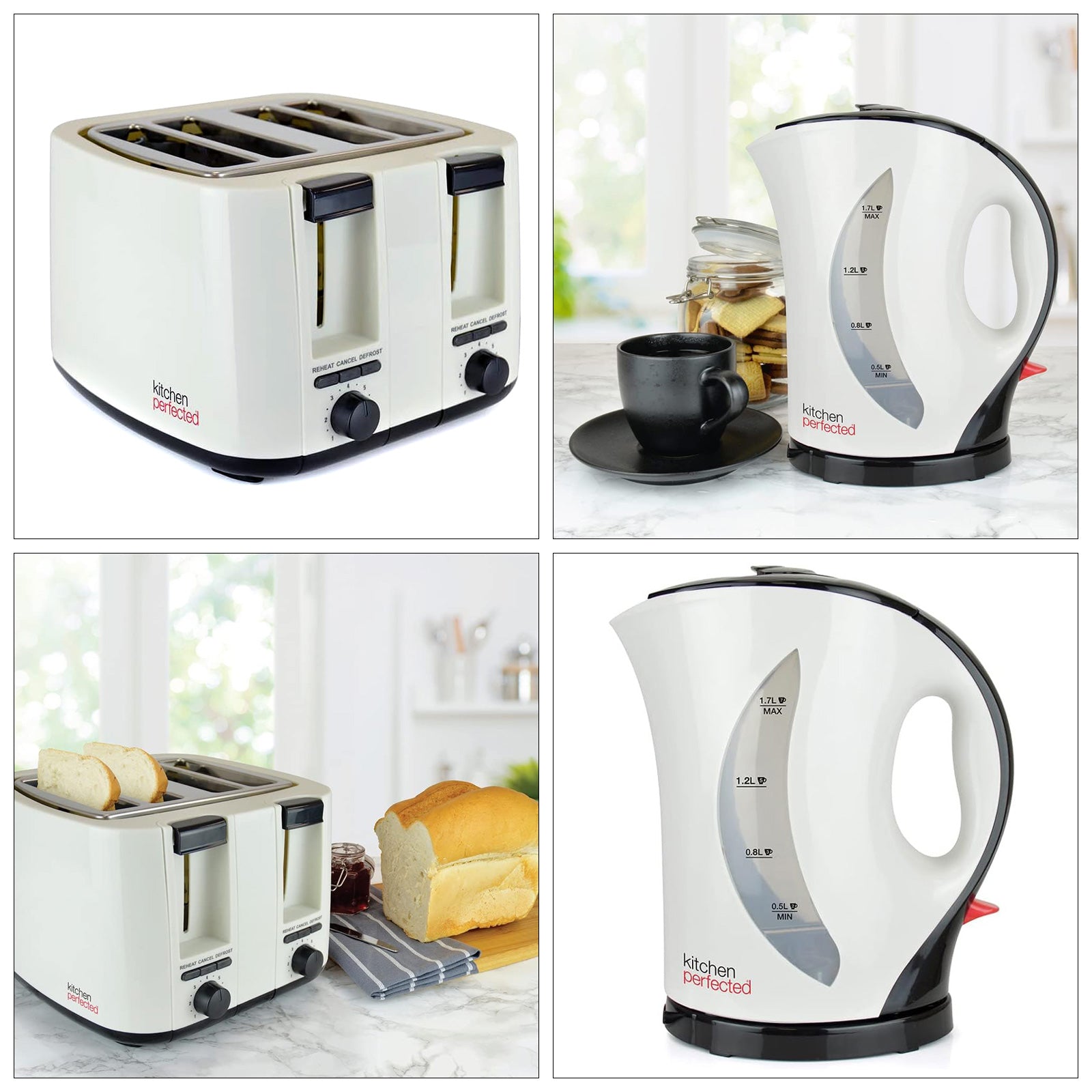 Cordless Electric Kettle & Toaster Set Cream 4 Slice Wide Slot 1.7Ltr Fast Boil