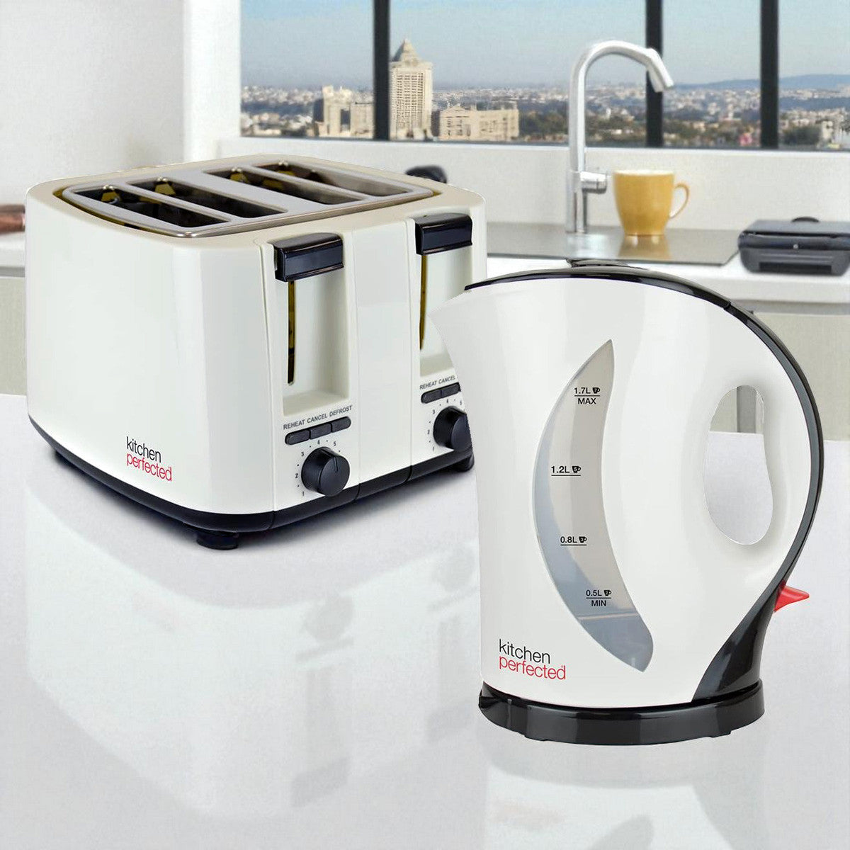 Cordless Electric Kettle & Toaster Set Cream 4 Slice Wide Slot 1.7Ltr Fast Boil