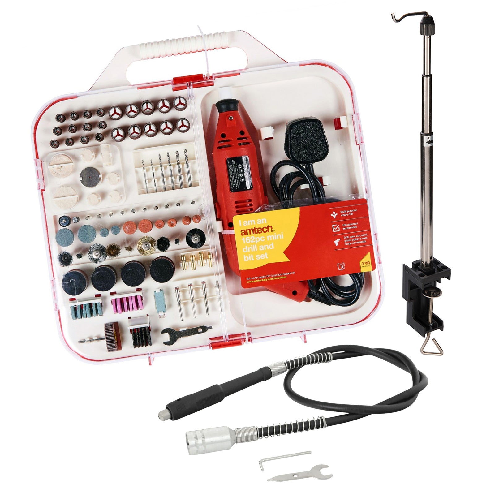 162pc Electric Mini Rotary Drill & Bit Set with Flexi Drive Shaft and Telescopic Hanging Stand