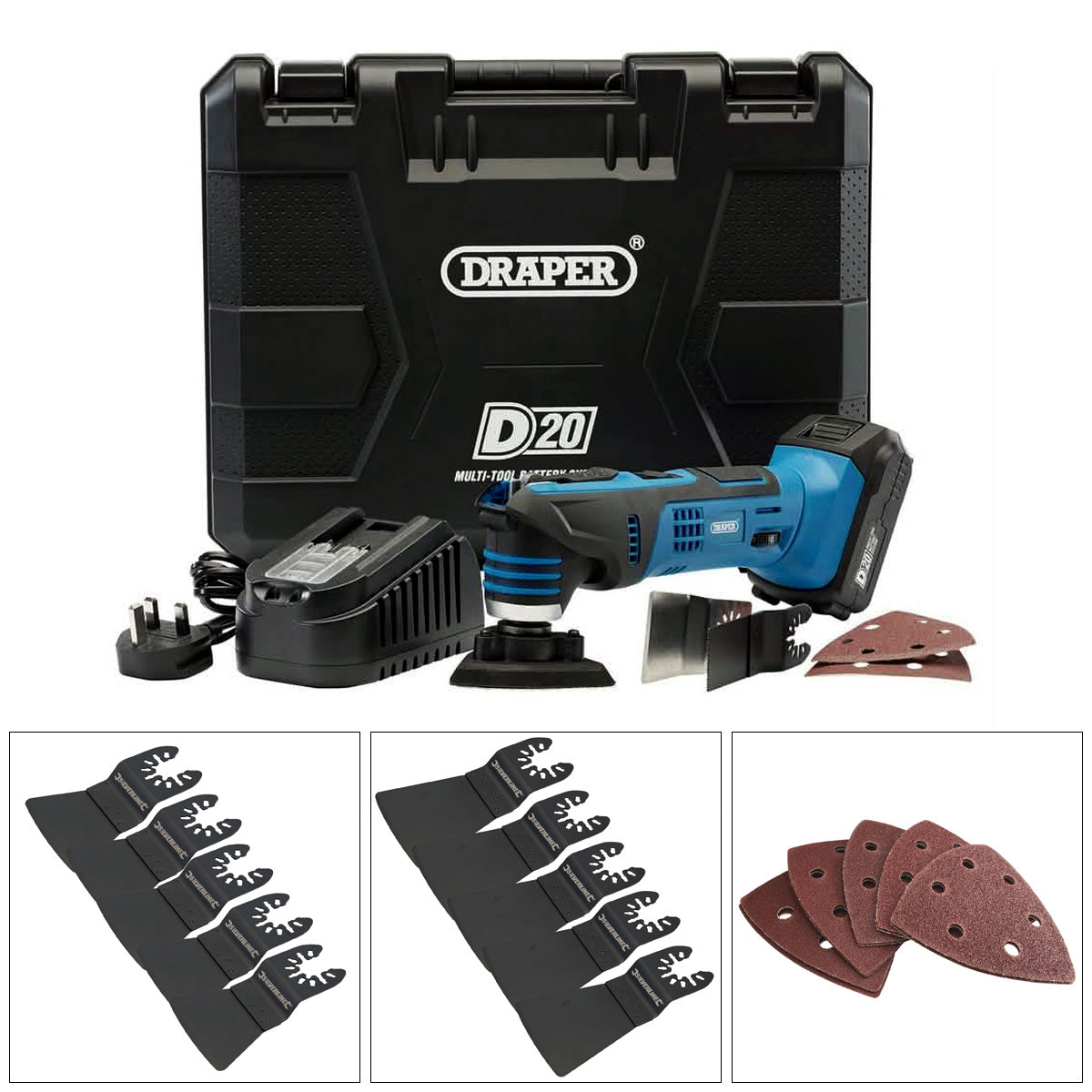 Draper 00595 Cordless Oscillating Multi-Tool Charger 20V Battery + 31pc Accessories