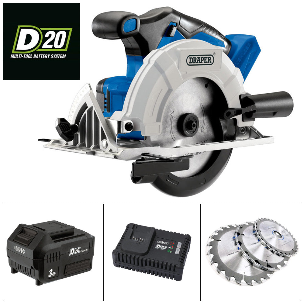 Draper 20V Cordless Circular Saw with 3Ah Li-ion Battery Fast Charger & 4pc Blades