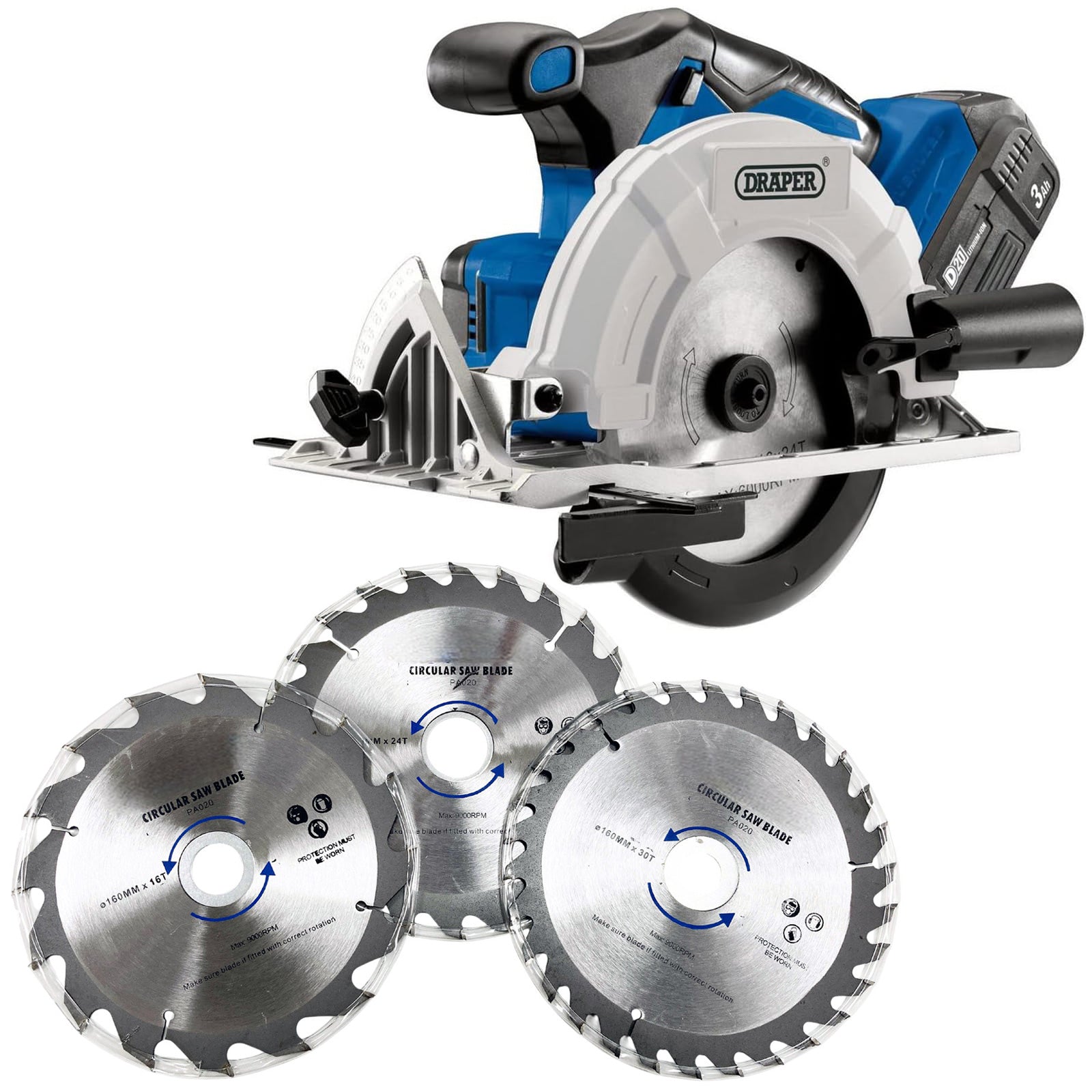 Draper 20V Cordless Circular Saw with 3Ah Li-ion Battery Fast Charger & 4pc Blades