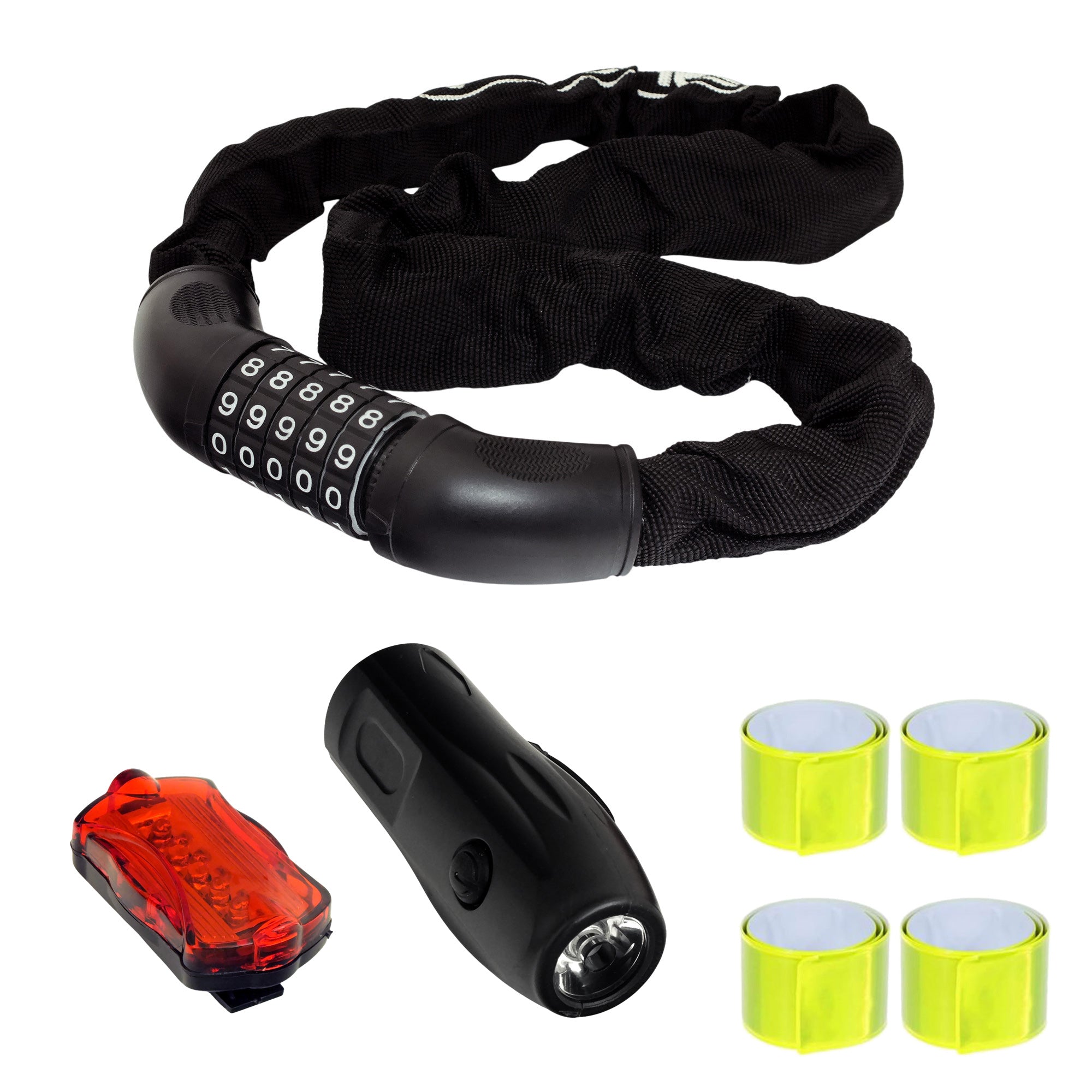 0.9m Bike Chain with Combination Lock Padlock, Cycle Lights & 4pc Hi Vis Safety Bands