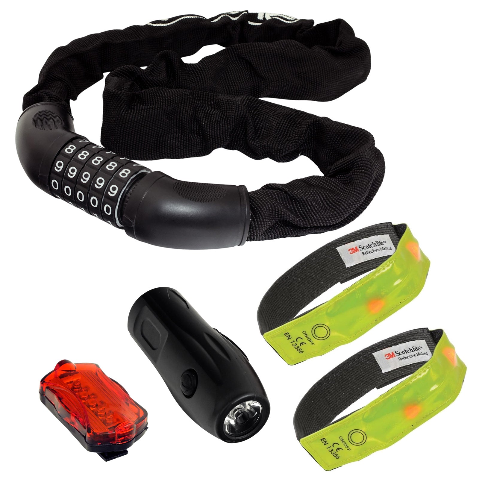 0.9m Bike Chain with Combination Lock Padlock plus Cycle Lights & 2pc Hi Vis LED Armbands