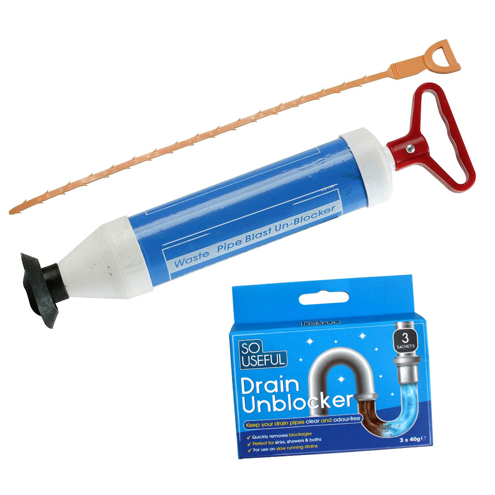 3pc Drain Unblocking Tools Set Sink Plunger Pump Bath Shower Toilet Wastepipes
