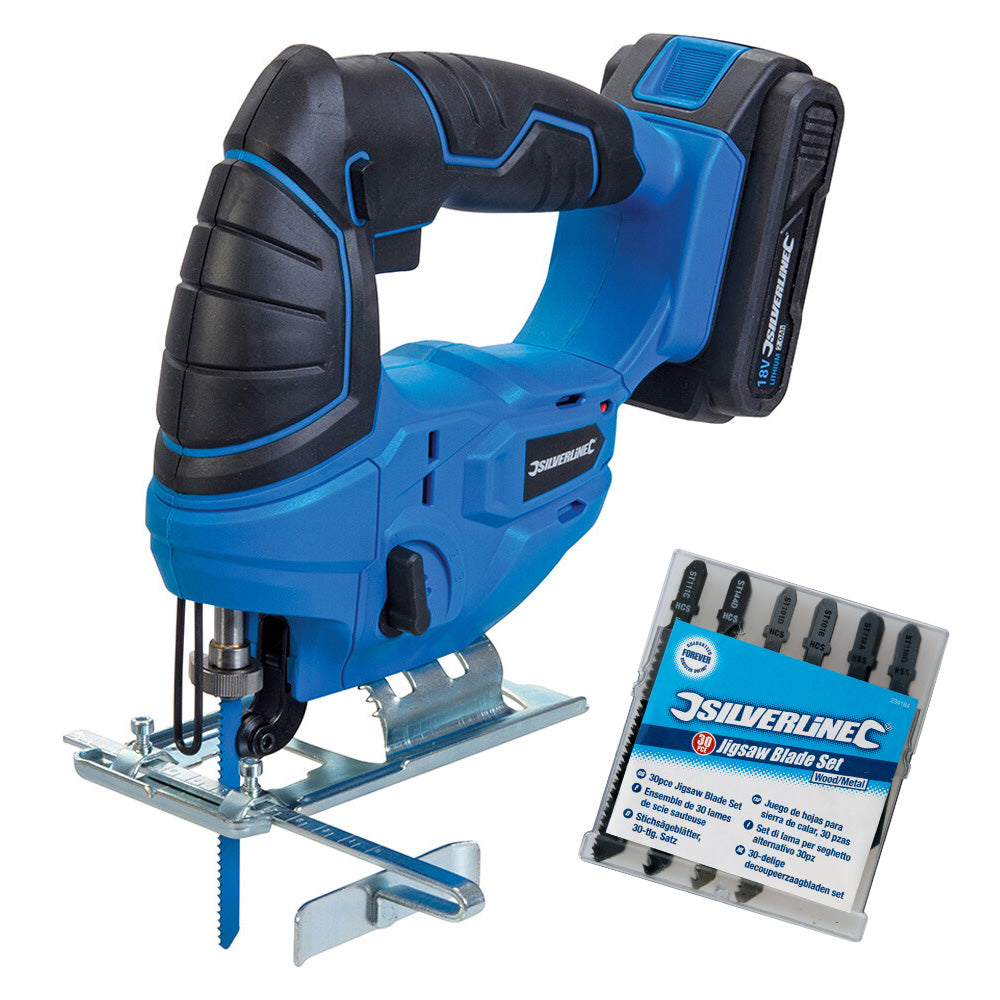 Silverline 18V Cordless Jigsaw plus 30pc Blades | Variable Speed 2Ah Li-ion Battery and Fast Charger