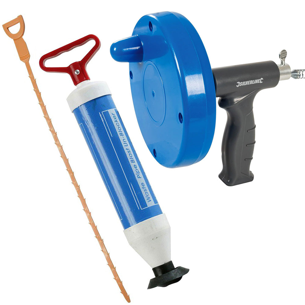 3pc Drain Unblocking Tools Sink Suction Plunger Bath Waste Pipe Unblocker and Hair Remover