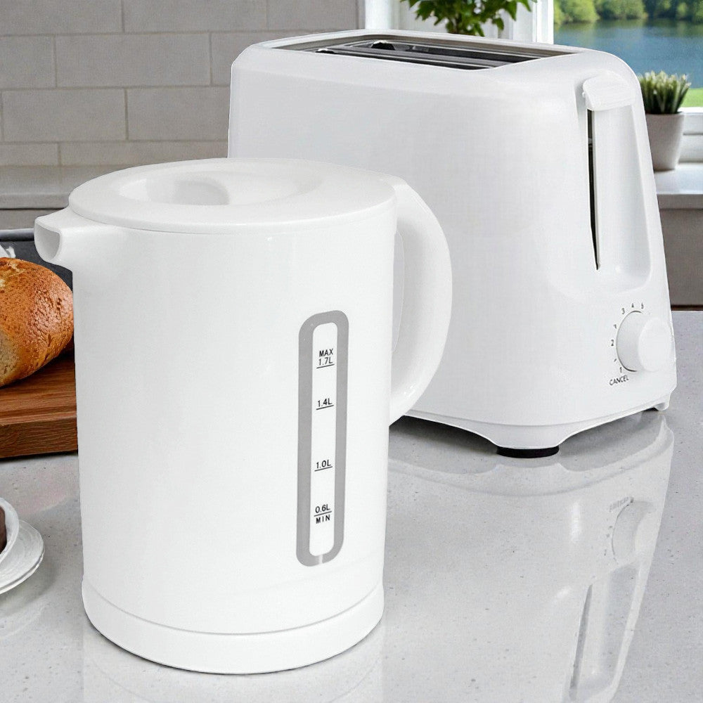 White Electric Kettle & Toaster Set | 1.7L Cordless Jug | 2 Slice with 6 Level Browning Control