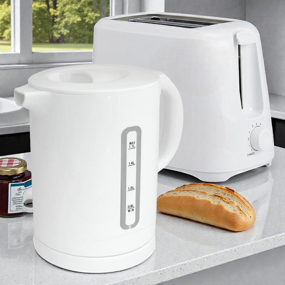 White Electric Kettle & Toaster Set | 1.7L Cordless Jug | 2 Slice with 6 Level Browning Control
