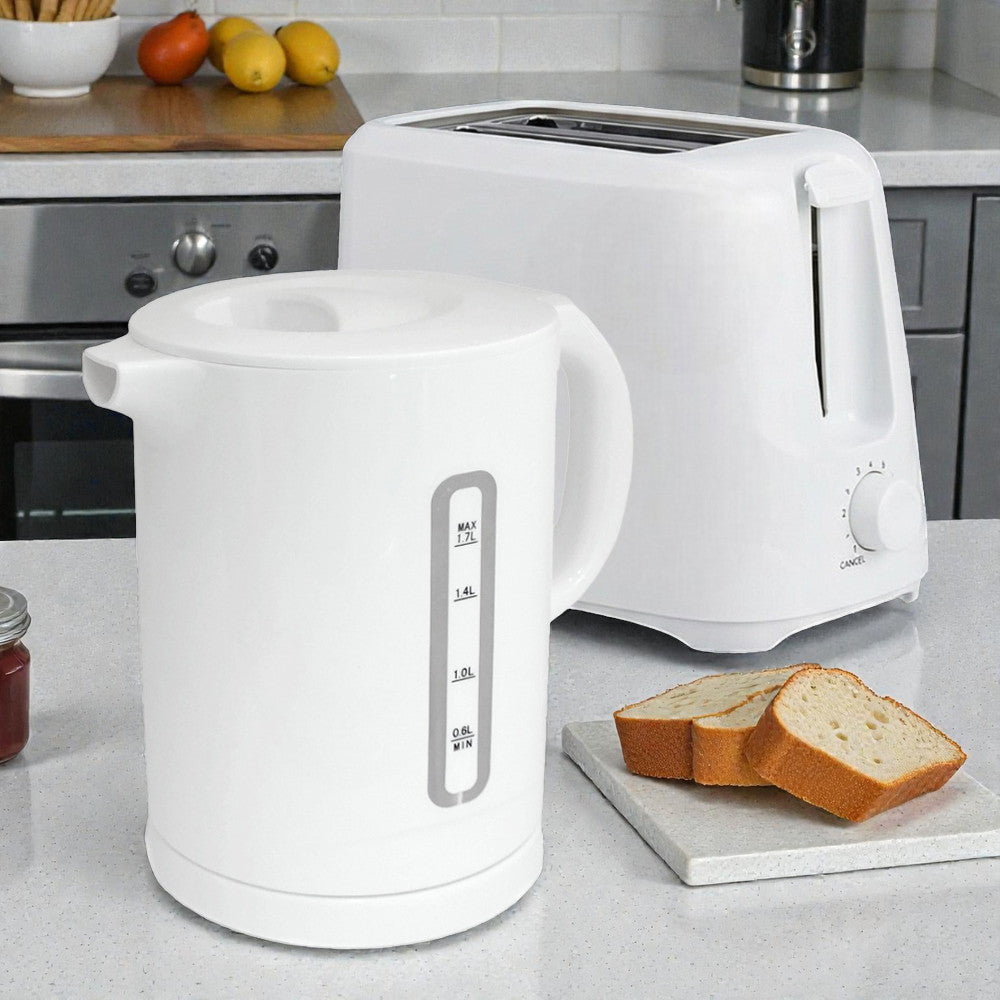 White Electric Kettle & Toaster Set | 1.7L Cordless Jug | 2 Slice with 6 Level Browning Control