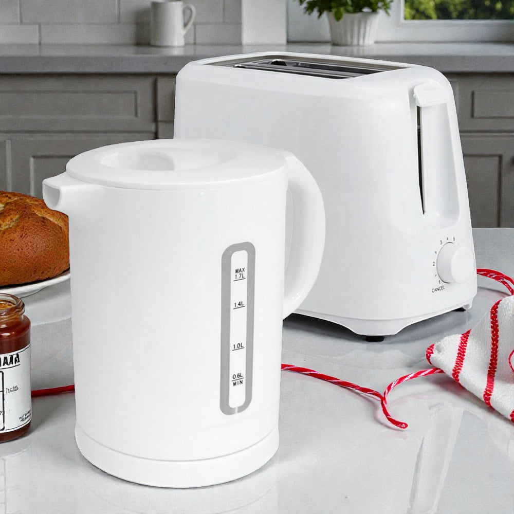 White Electric Kettle & Toaster Set | 1.7L Cordless Jug | 2 Slice with 6 Level Browning Control