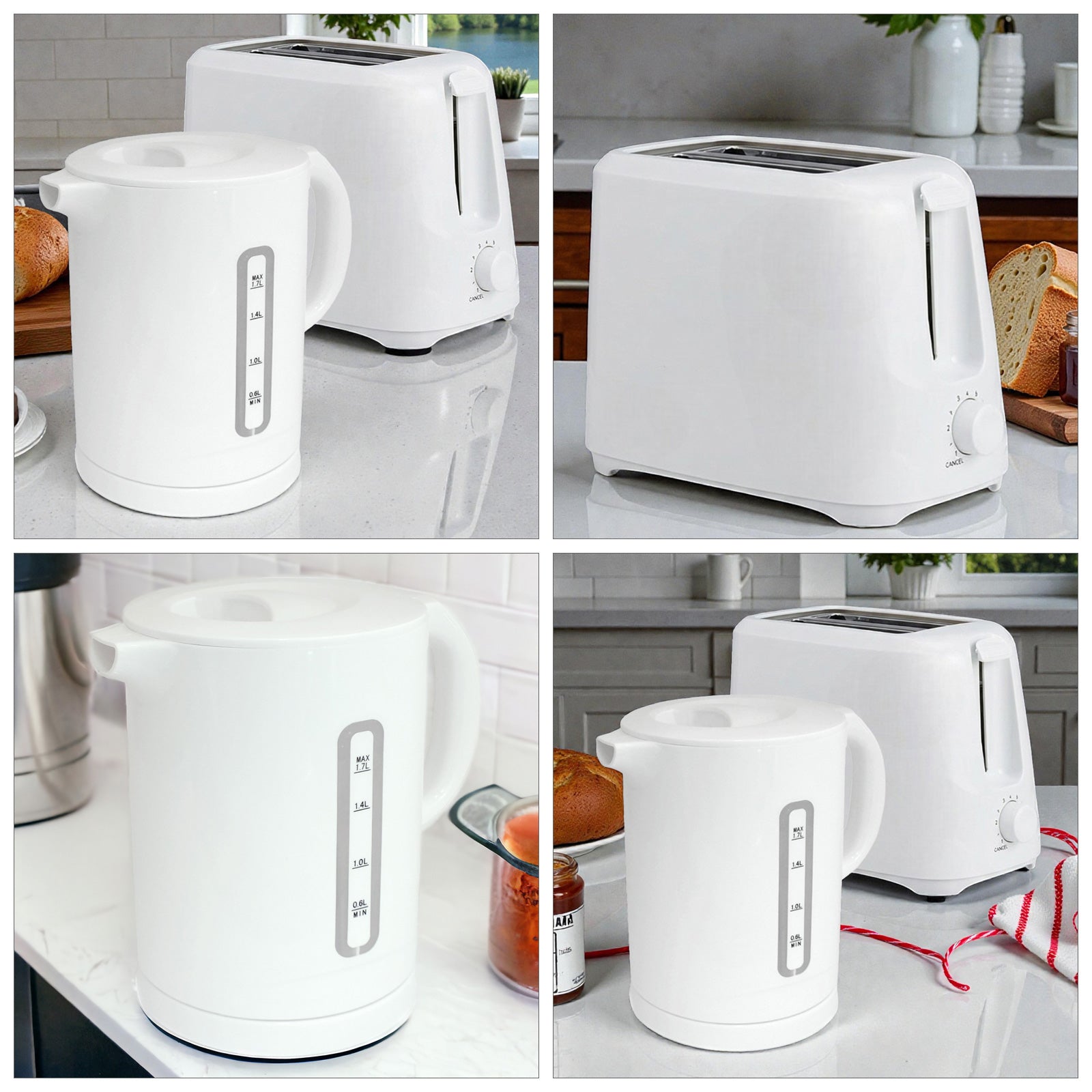 White Electric Kettle & Toaster Set | 1.7L Cordless Jug | 2 Slice with 6 Level Browning Control