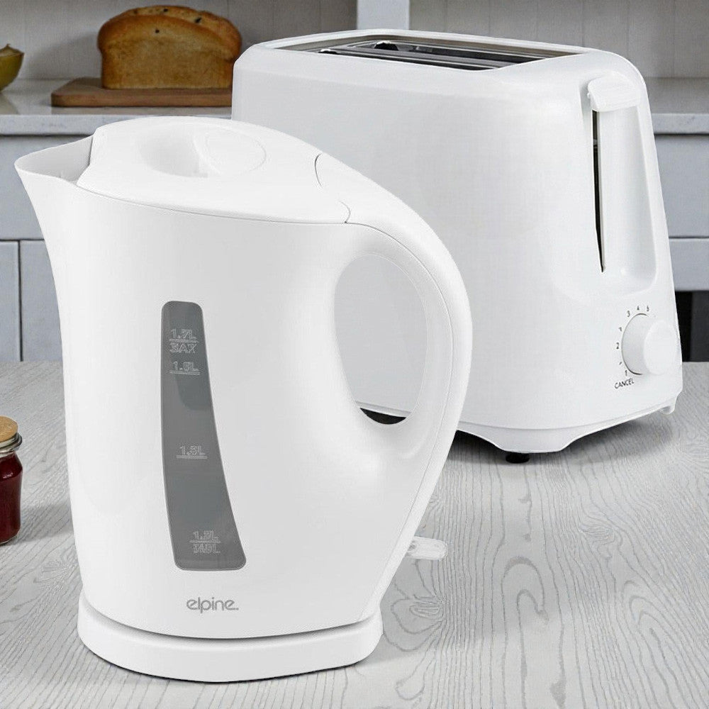 White Cordless Electric Kettle & Toaster Set | 2200W 1.7L Jug | 2 Slices 6 Level Variable Browning