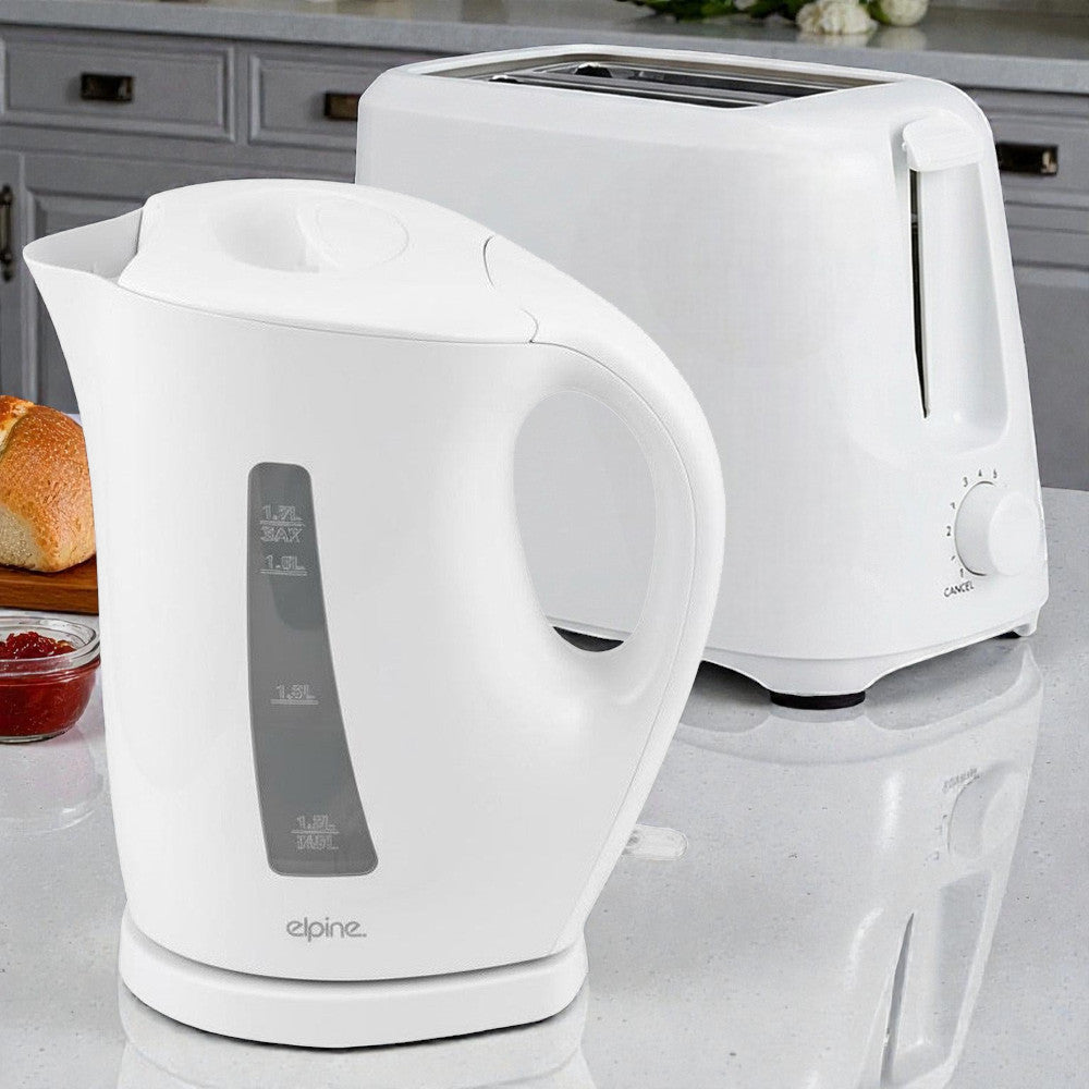 White Cordless Electric Kettle & Toaster Set | 2200W 1.7L Jug | 2 Slices 6 Level Variable Browning
