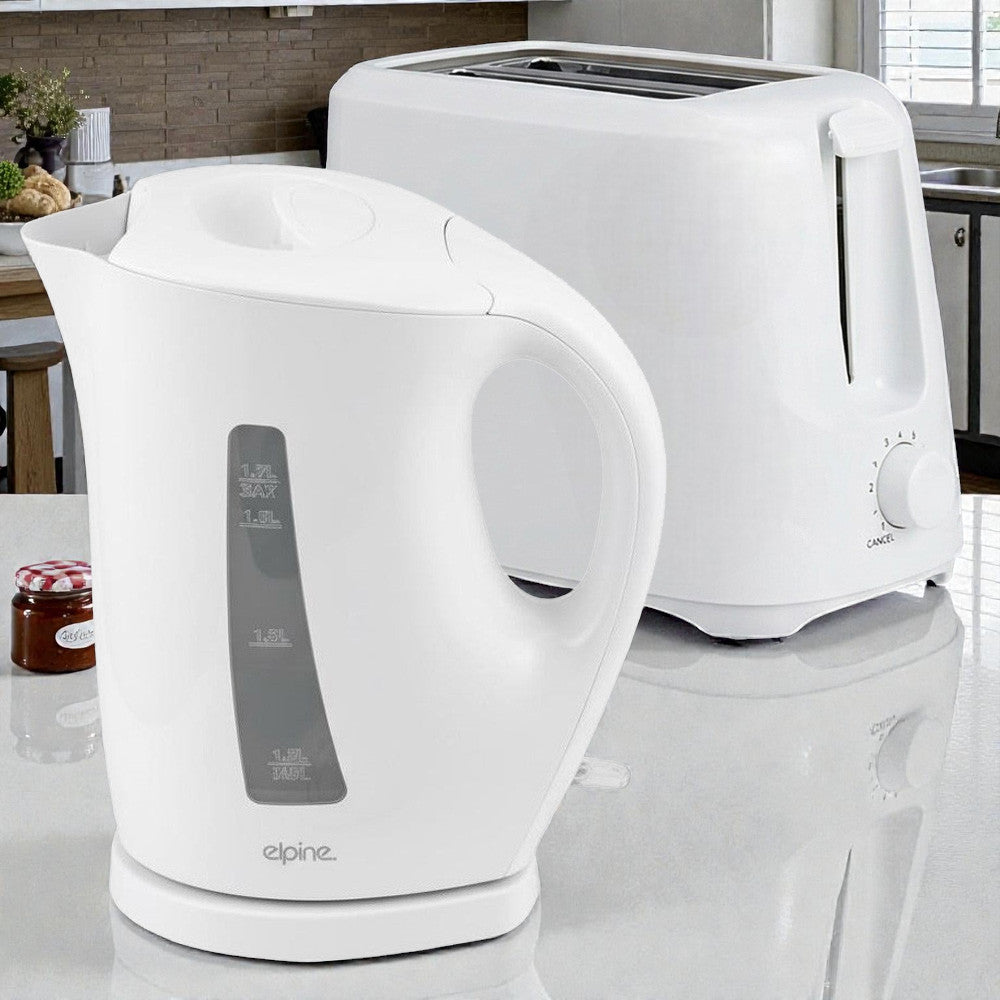 White Cordless Electric Kettle & Toaster Set | 2200W 1.7L Jug | 2 Slices 6 Level Variable Browning