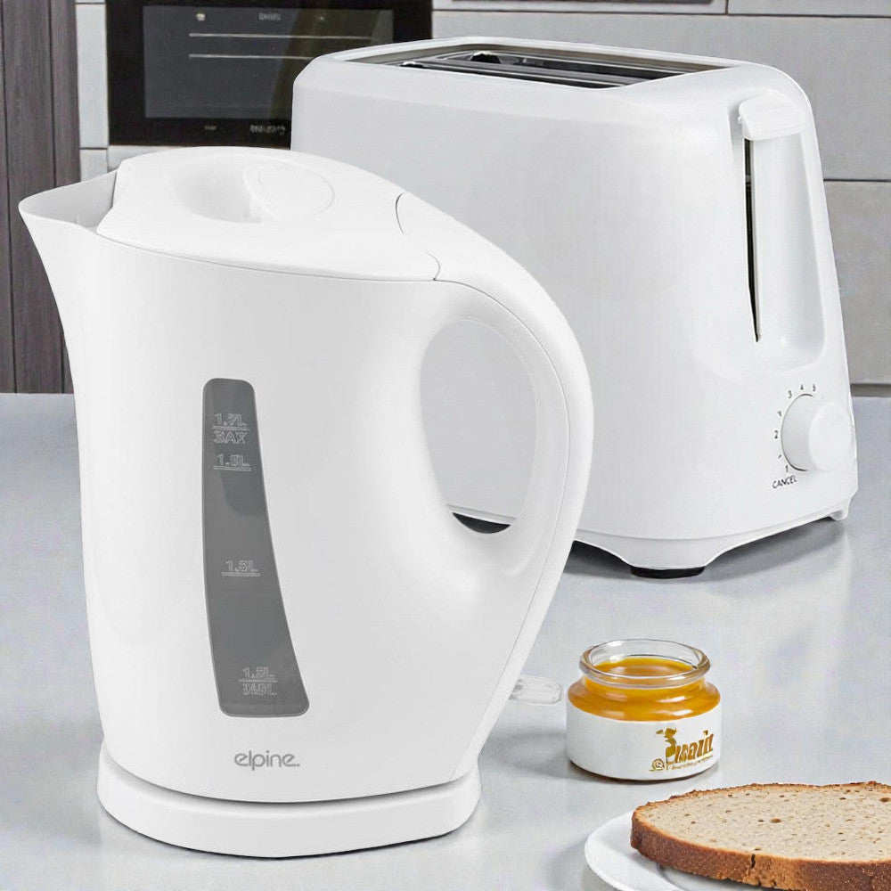 White Cordless Electric Kettle & Toaster Set | 2200W 1.7L Jug | 2 Slices 6 Level Variable Browning