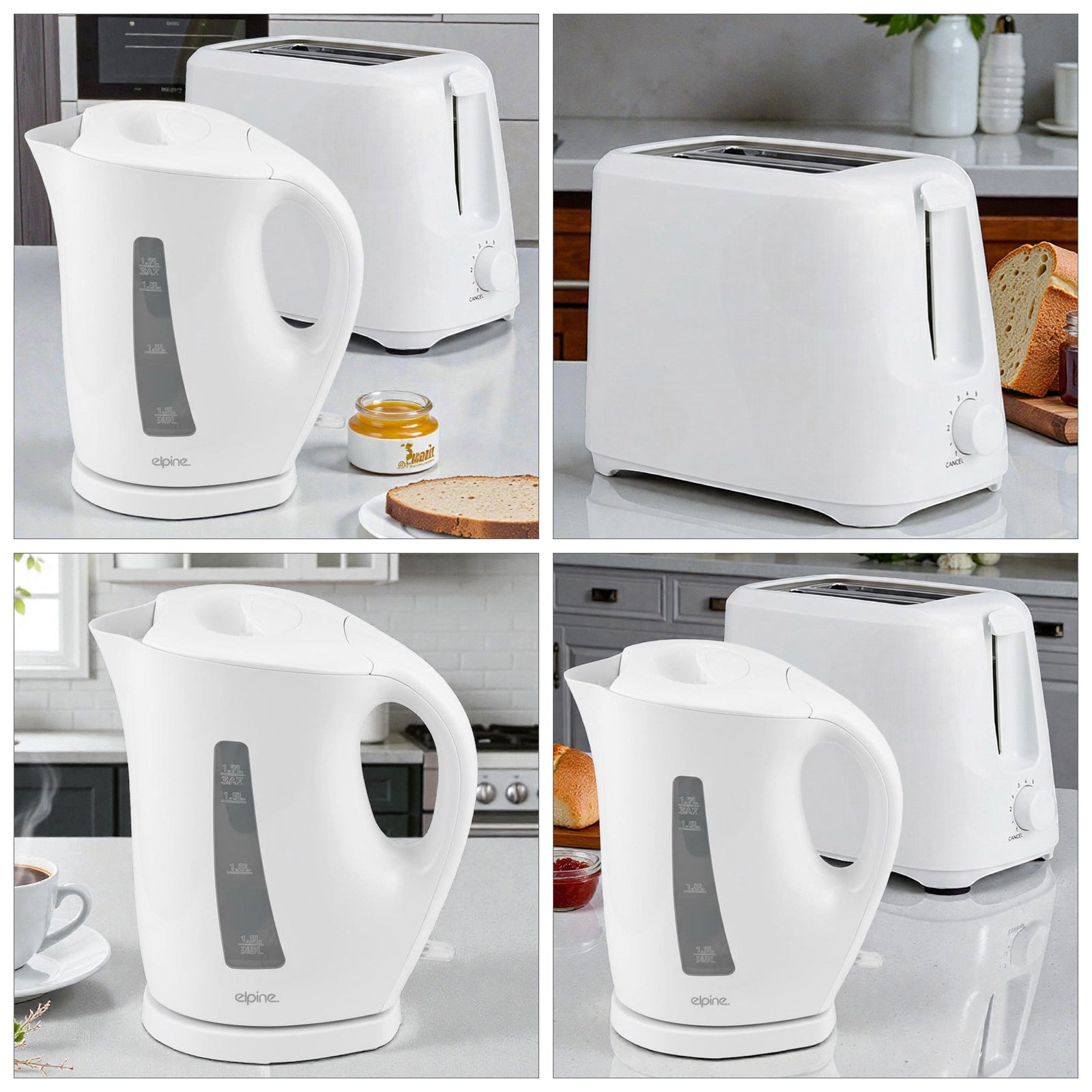 White Cordless Electric Kettle & Toaster Set | 2200W 1.7L Jug | 2 Slices 6 Level Variable Browning