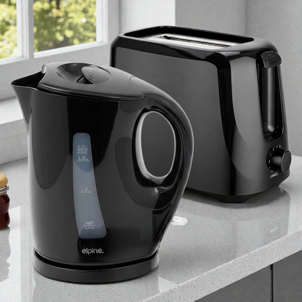 Black Cordless Electric Kettle & Toaster Set | 1.7L Jug 2200W Fast Boil | 2 Slices with Variable Browning Control