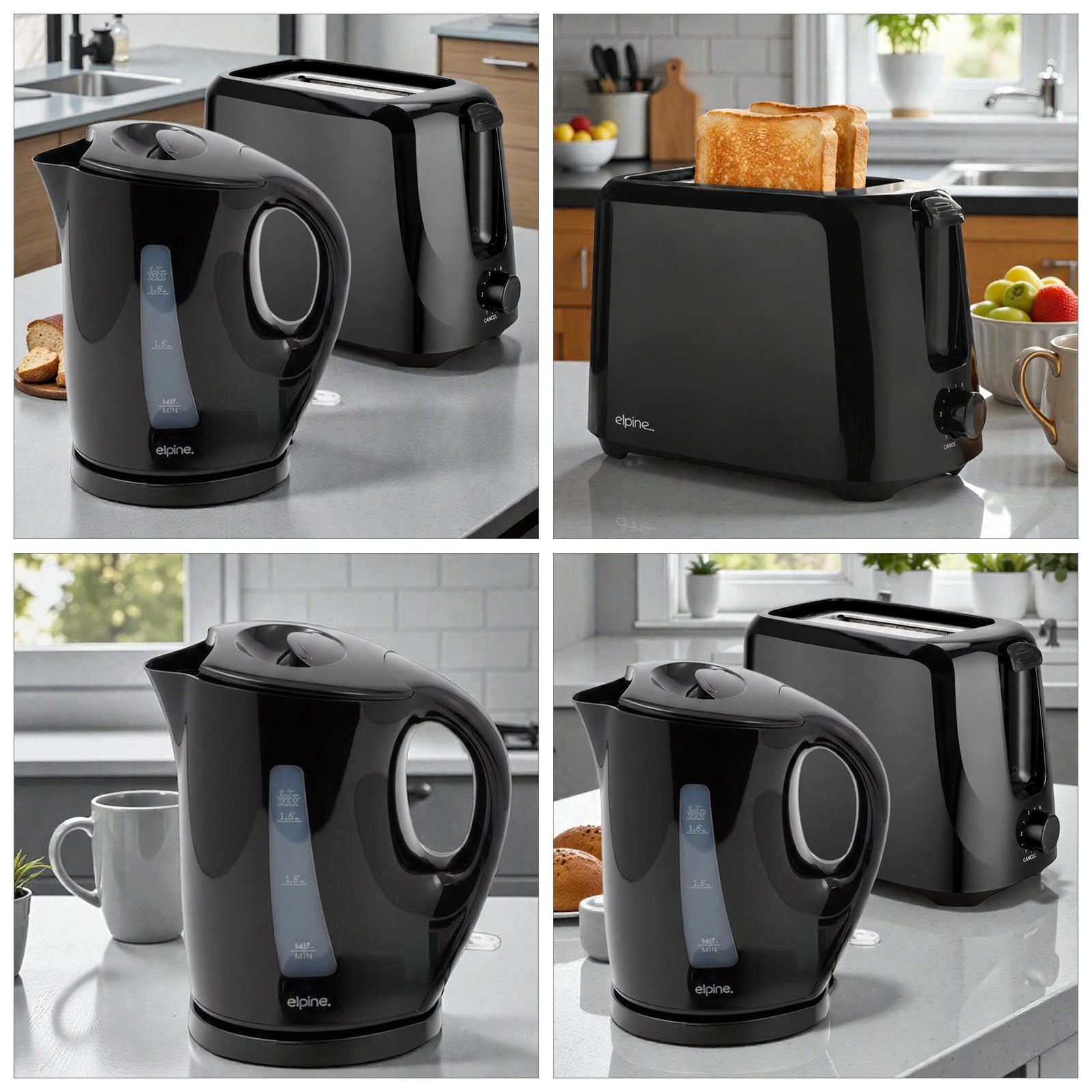 Black Cordless Electric Kettle & Toaster Set | 1.7L Jug 2200W Fast Boil | 2 Slices with Variable Browning Control