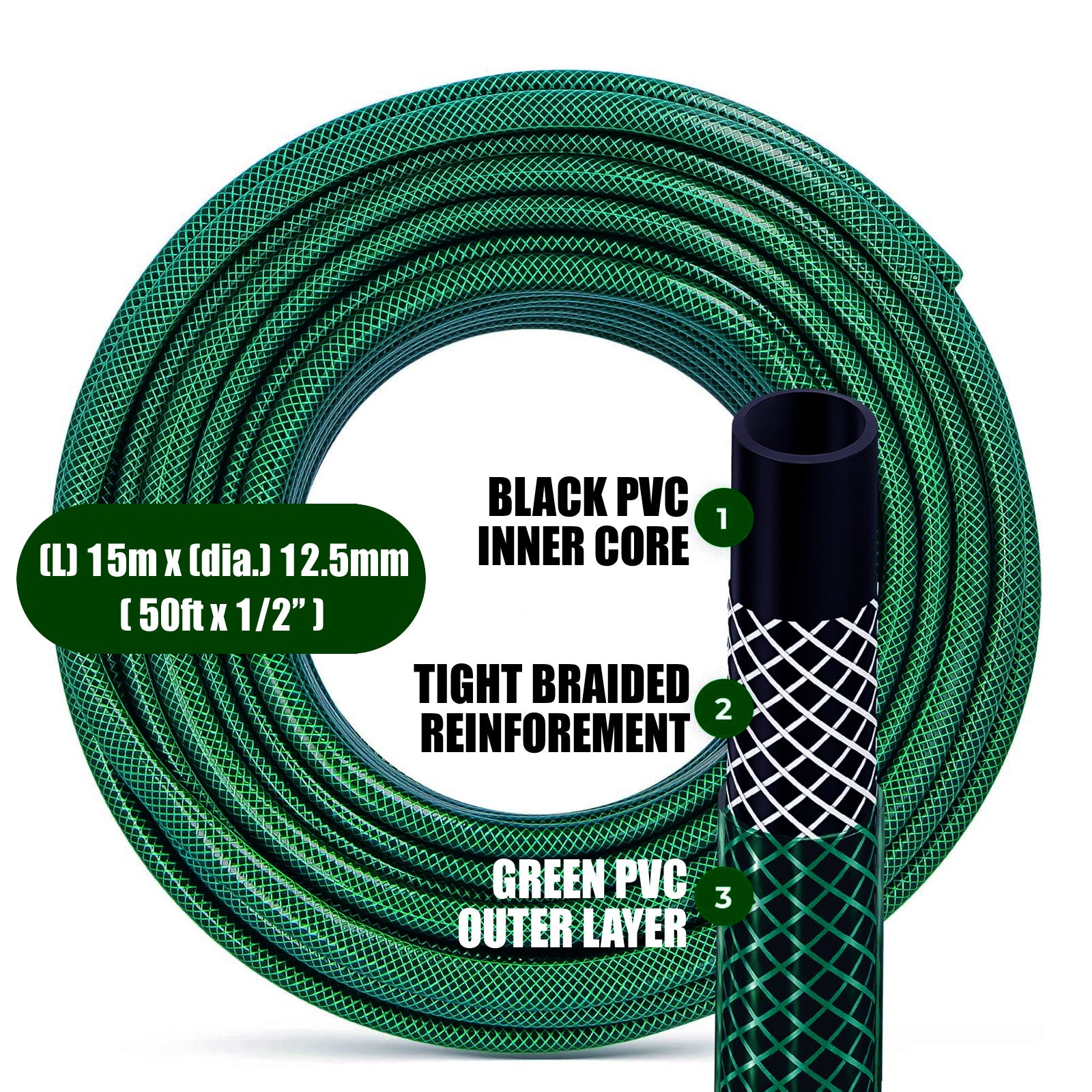 15m Garden Hose Pipe Heavy Duty Reinforced Braided Anti Kink 50ft Hosepipe Reel