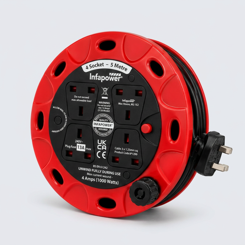 Red and black Infapower cable reel studio view