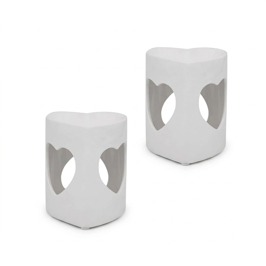 2 White Heart Tealight Wax Melt Warmers & Oil Burners with Candle & Melts