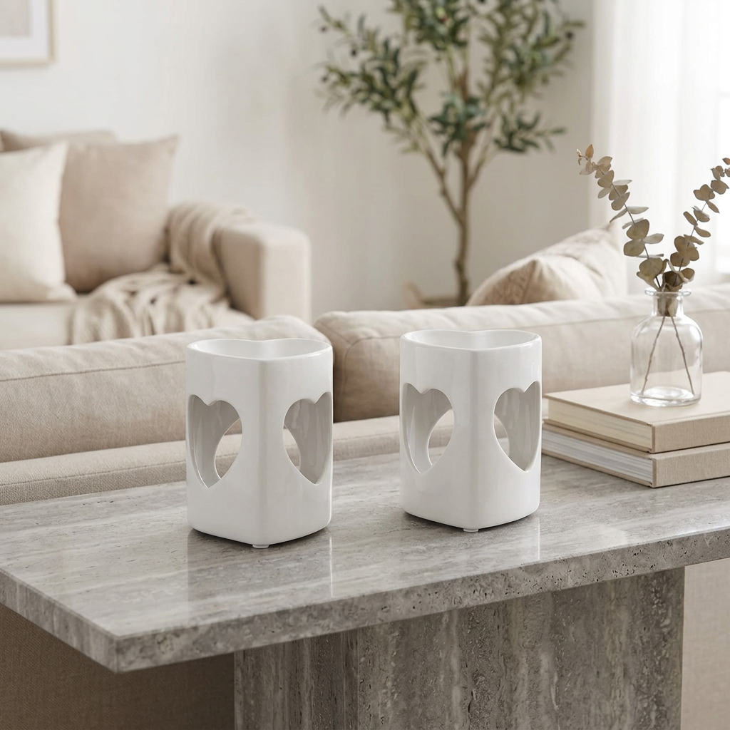2 White Heart Tealight Wax Melt Warmers & Oil Burners with Candle & Melts