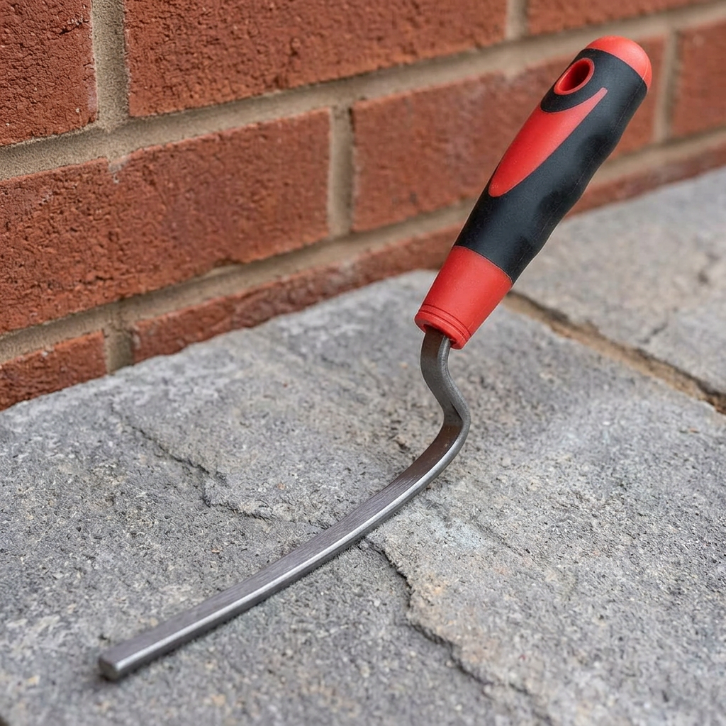 Draper Redline brick jointer on grey paving in front of finished brickwork