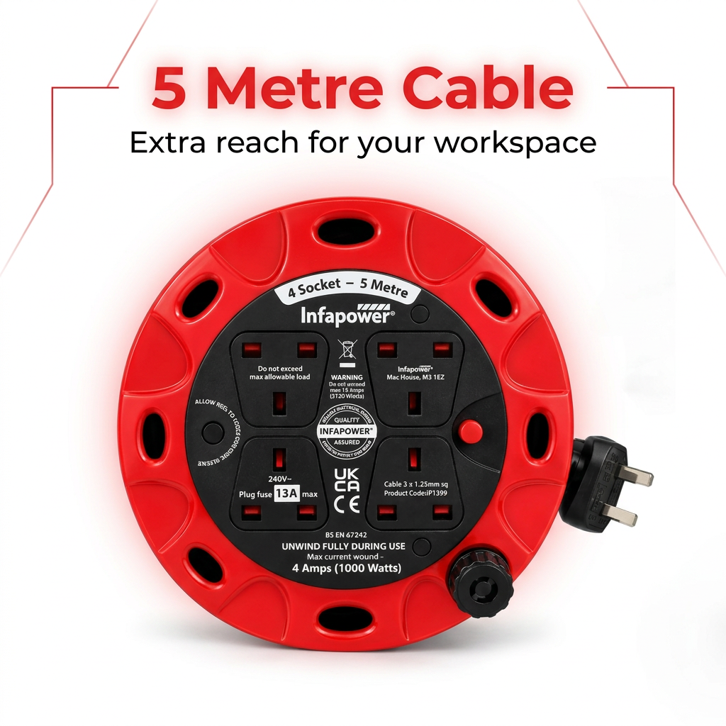 Infapower extension reel 5 metre cable feature