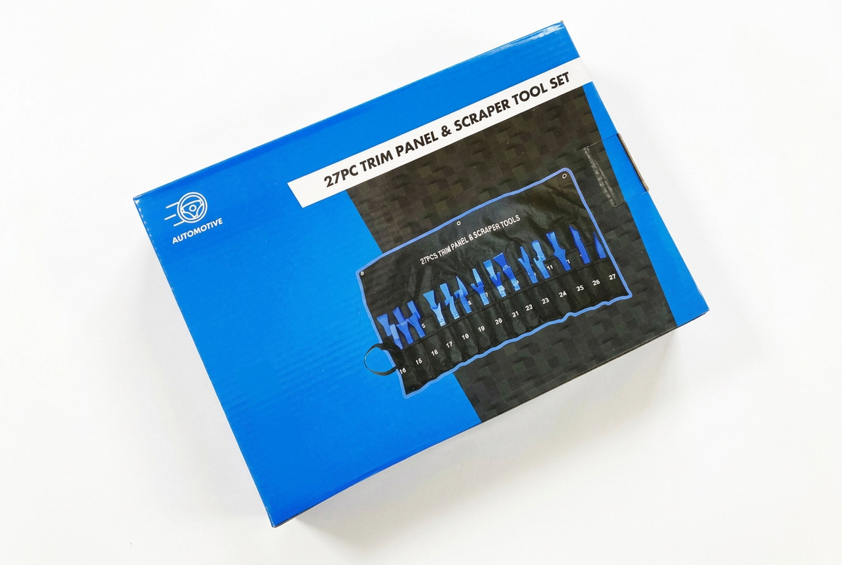 Angled view of trim panel tool set packaging with supplier branding removed