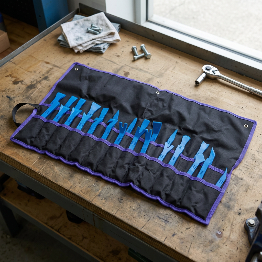 Trim removal tool roll on a workshop bench