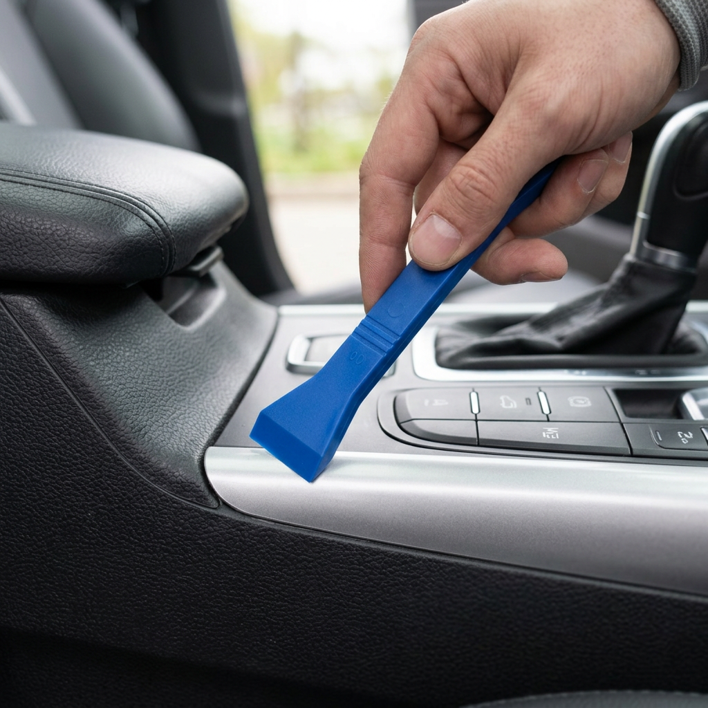 Illustrative scene of blue trim tool at a centre console trim edge
