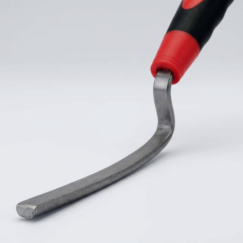 Detail of the brick jointer's curved steel bar and offset neck
