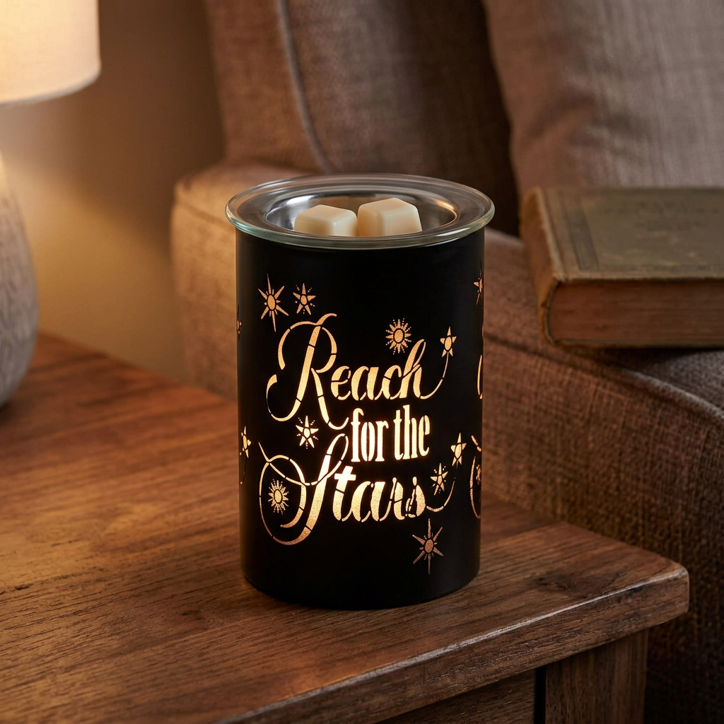 Reach for the Stars electric wax warmer with amber light and wax melts in a reading nook