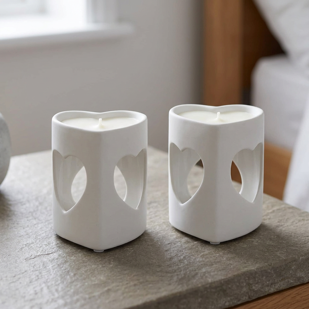 2 White Heart Tealight Wax Melt Warmers & Oil Burners with Candle & Melts