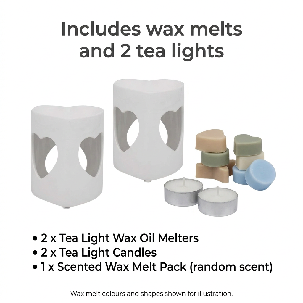 2 White Heart Tealight Wax Melt Warmers & Oil Burners with Candle & Melts