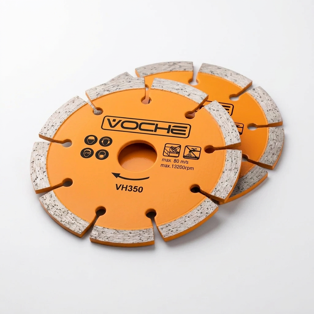 Two gold  and gray Voche VH350 diamond angle grinder discs displayed on a clean  white background.
