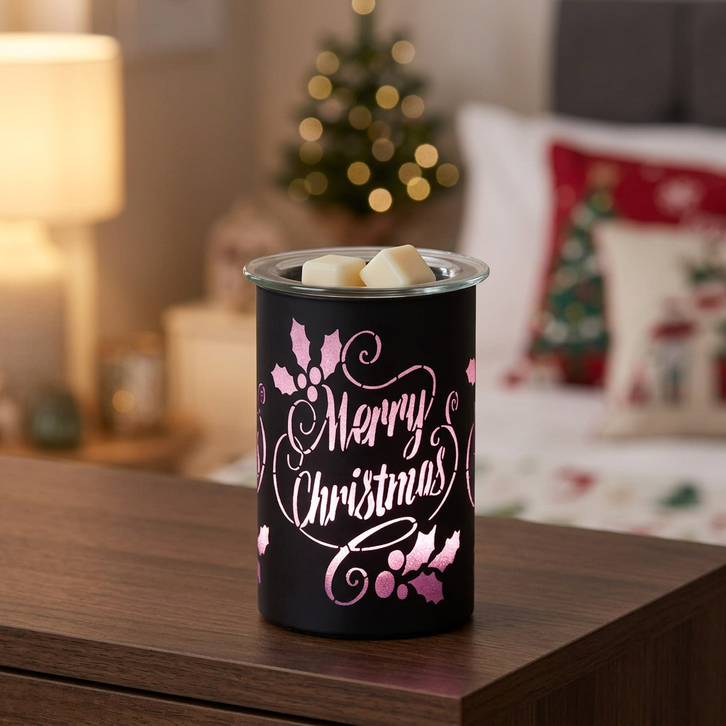 Merry Christmas electric wax warmer glowing pink with wax melts on a bedroom dresser