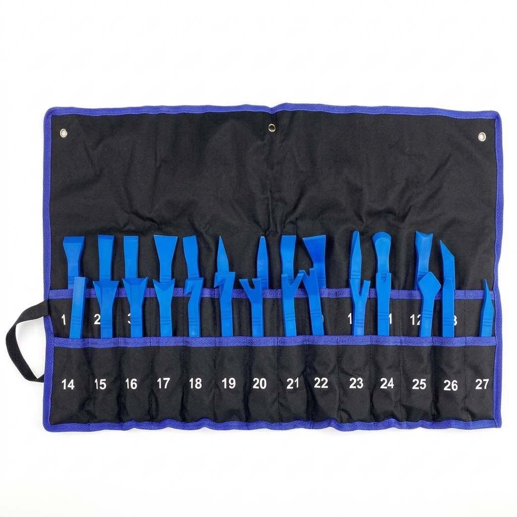 Blue trim removal tool set in an open black roll on white background