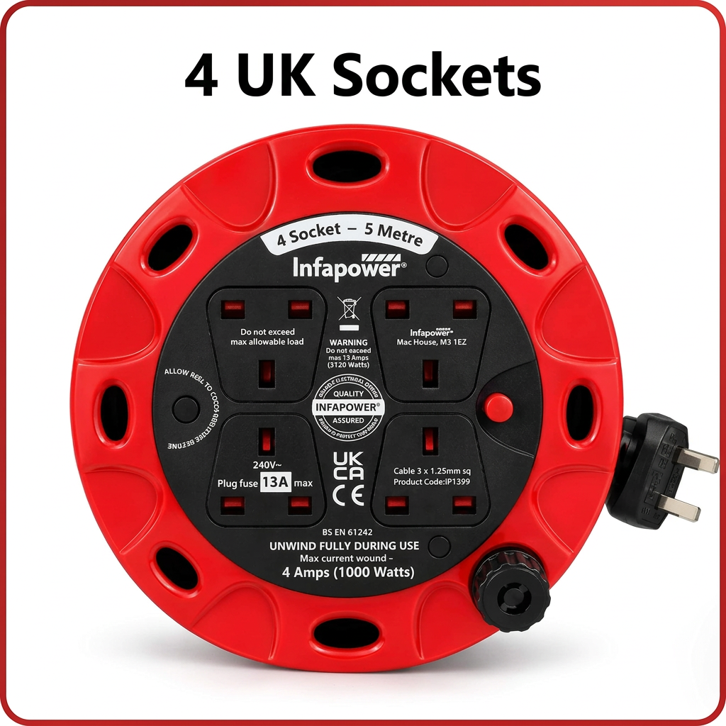 Four UK sockets on Infapower extension reel