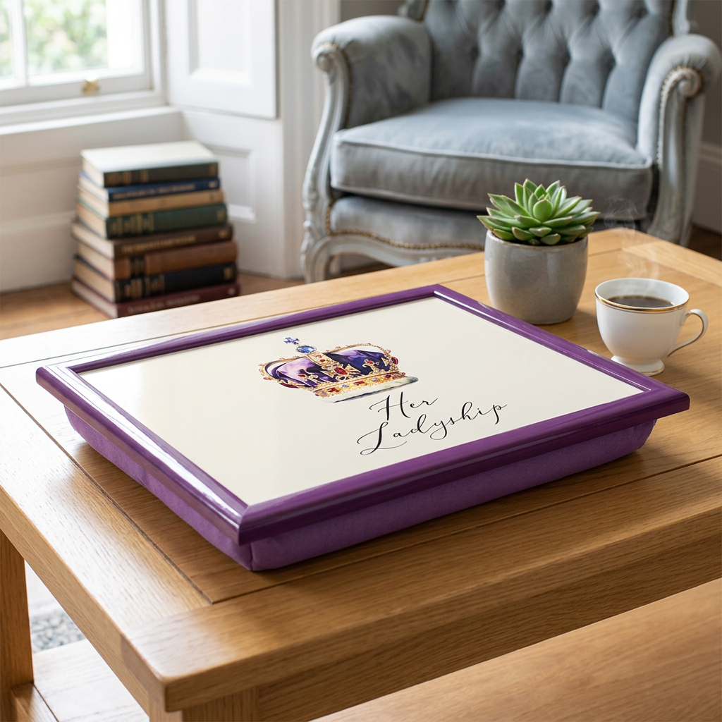 Purple Her Ladyship cushioned lap tray on an oak coffee table