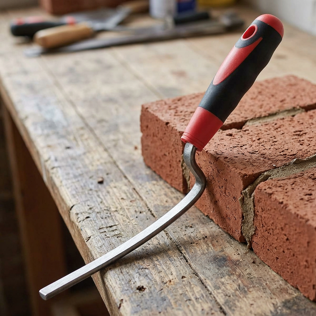 Draper Redline brick jointer resting beside bricks on a wooden workbench